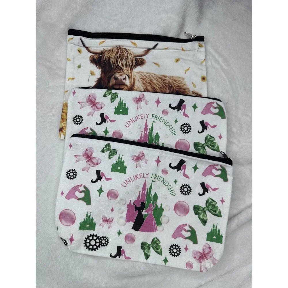 Set Of 3 Multicolor Fabric Makeup Bags Cosmetic Pouches Zipper Top Cow Sunflower